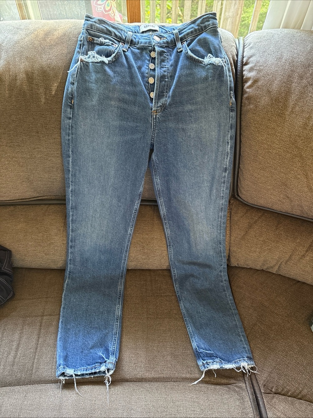 Agolde Riley Long High Rise Straight Leg Button Fly Stretch Blue Jeans Size 25